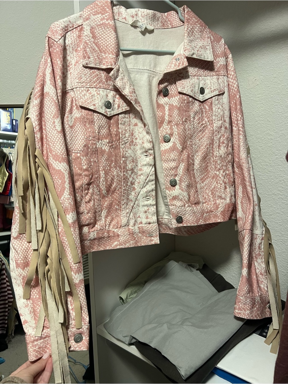 Peach Love | Women’s Pink Snake-Print Fringe Denim Jacket